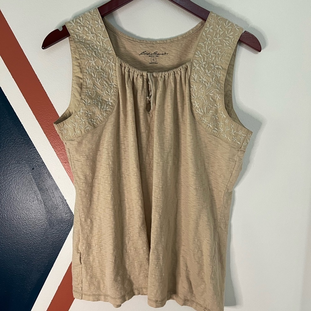 Eddie Bauer Vintage Tan Pleated Smocked Blouse with Embroidered Detail